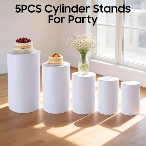 Cylinder Pedestal Stands for Party,5 PCS White Round Pedestal Stands, Cake Stand for Party, Wedding Ceremony in, alternate