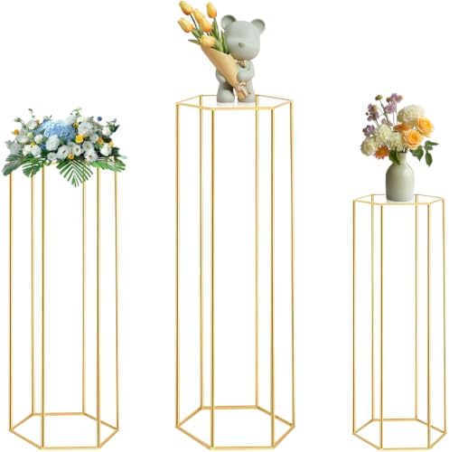 Cylinder Stands for Party, 3Pcs Hexagon Gold Cylinder Pedestal Stand, Cilindros Para Fiestas Cake Table Stand