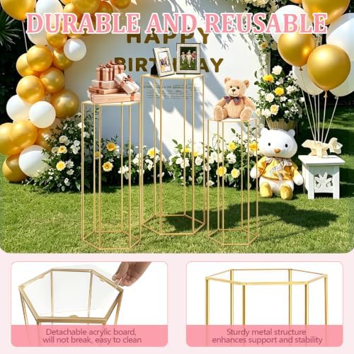 Cylinder Stands for Party, 3Pcs Hexagon Gold Cylinder Pedestal Stand, Cilindros Para Fiestas Cake Table Stand, alternate view