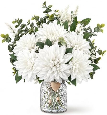 Dahlia Artificial Flowers with Vase, Floral Arrangement for Table, White in Creamywhite