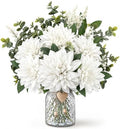 Dahlia Artificial Flowers with Vase, Floral Arrangement for Table, White in Creamywhite