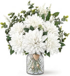Dahlia Artificial Flowers with Vase, Floral Arrangement for Table, White in Creamywhite