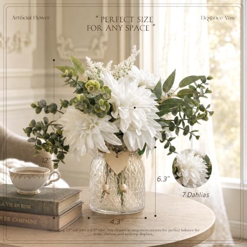 Dahlia Artificial Flowers with Vase, Floral Arrangement for Table, White in Creamywhite, alternate view 2