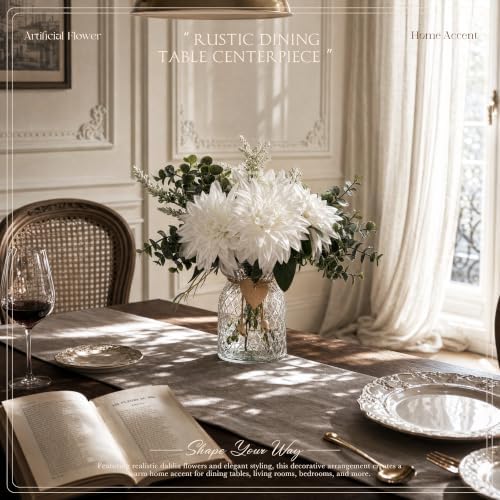 Dahlia Artificial Flowers with Vase, Floral Arrangement for Table, White in Creamywhite, alternate view 3