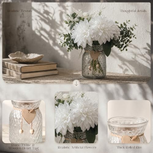 Dahlia Artificial Flowers with Vase, Floral Arrangement for Table, White in Creamywhite, alternate view 4