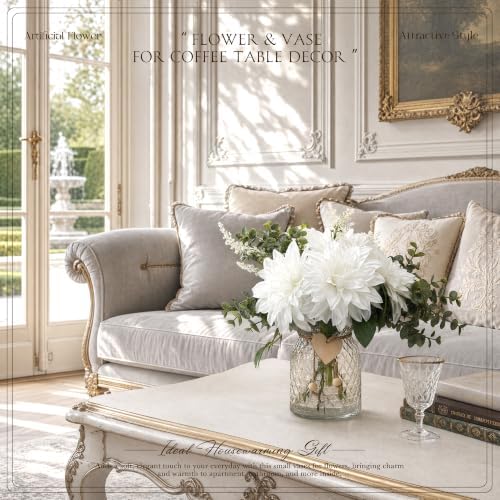 Dahlia Artificial Flowers with Vase, Floral Arrangement for Table, White in Creamywhite, alternate view 5