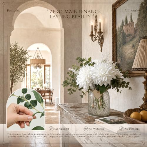 Dahlia Artificial Flowers with Vase, Floral Arrangement for Table, White in Creamywhite, alternate view 6