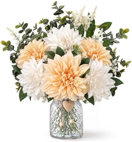 Dahlia Fake Flower with Vase for Dining Table Centerpieces, Champagne&White in Champagne&white
