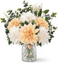 Dahlia Fake Flower with Vase for Dining Table Centerpieces, Champagne&White in Champagne&white