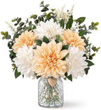 Dahlia Fake Flower with Vase for Dining Table Centerpieces, Champagne&White in Champagne&white