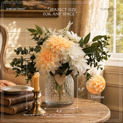 Dahlia Fake Flower with Vase for Dining Table Centerpieces, Champagne&White in Champagne&white, alternate view 2