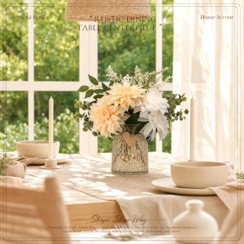 Dahlia Fake Flower with Vase for Dining Table Centerpieces, Champagne&White in Champagne&white, alternate view 3