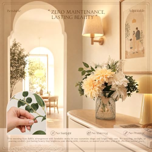 Dahlia Fake Flower with Vase for Dining Table Centerpieces, Champagne&White in Champagne&white, alternate view 5