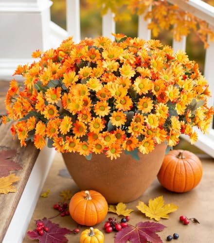 Daisy Artificial Flowers for Outdoors Autumn Fall Decor, 6 Bundles Fake Mums Orange Silk Flowers for Outside