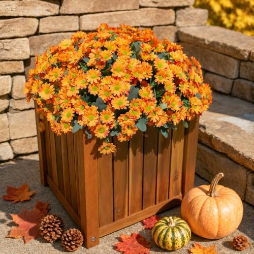 Daisy Artificial Flowers for Outdoors Autumn Fall Decor, 6 Bundles Fake Mums Orange Silk Flowers for Outside, alternate view