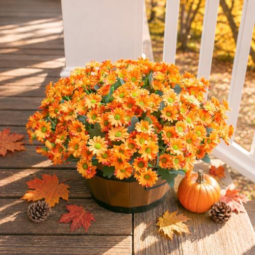 Daisy Artificial Flowers for Outdoors Autumn Fall Decor, 6 Bundles Fake Mums Orange Silk Flowers for Outside, alternate view