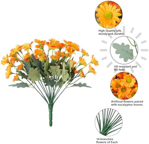 Daisy Artificial Flowers for Outdoors Autumn Fall Decor, 6 Bundles Fake Mums Orange Silk Flowers for Outside, alternate view