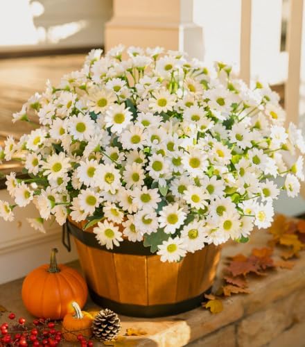 Daisy Artificial Flowers for Outdoors Autumn Fall Decoration, 6 Bundles Fake Mums White Silk Flowers for Outside
