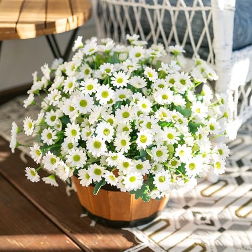Daisy Artificial Flowers for Outdoors Autumn Fall Decoration, 6 Bundles Fake Mums White Silk Flowers for Outside, alternate