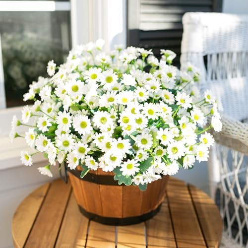 Daisy Artificial Flowers for Outdoors Autumn Fall Decoration, 6 Bundles Fake Mums White Silk Flowers for Outside, alternate