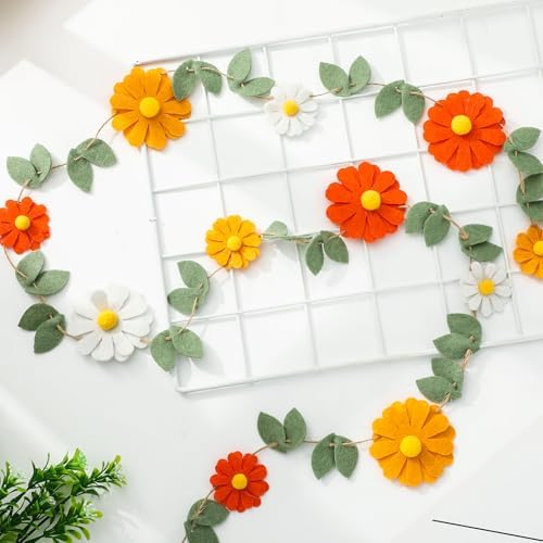 Daisy Felt Garland Groovy Boho Daisy Flower Hanging Banner Summer Floral Garland Hippie Party Decorations for, alternate view