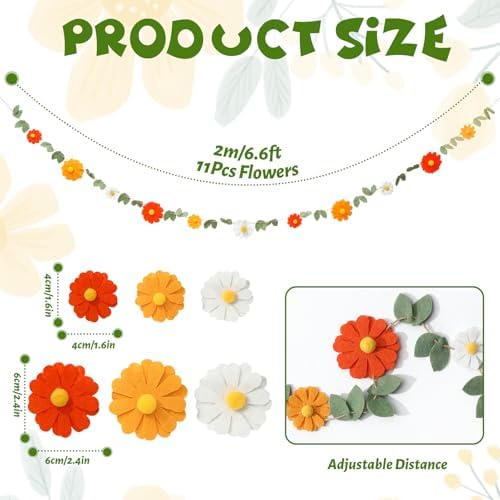 Daisy Felt Garland Groovy Boho Daisy Flower Hanging Banner Summer Floral Garland Hippie Party Decorations for, alternate view