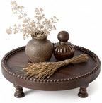 Dark Acacia Wood Round Display Riser with Beaded for Home Decor, Brown in Dark Acacia