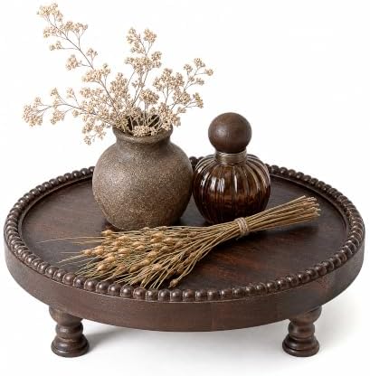 Dark Acacia Wood Round Display Riser with Beaded for Home Decor, Brown in Dark Acacia