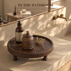 Dark Acacia Wood Round Display Riser with Beaded for Home Decor, Brown in Dark Acacia, alternate view 2