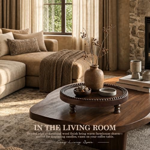Dark Acacia Wood Round Display Riser with Beaded for Home Decor, Brown in Dark Acacia, alternate view 4