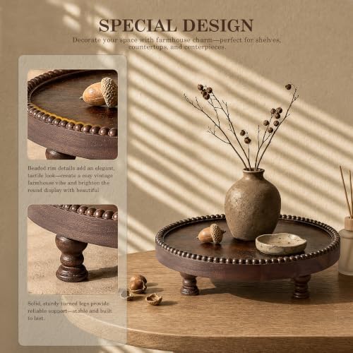 Dark Acacia Wood Round Display Riser with Beaded for Home Decor, Brown in Dark Acacia, alternate view 6