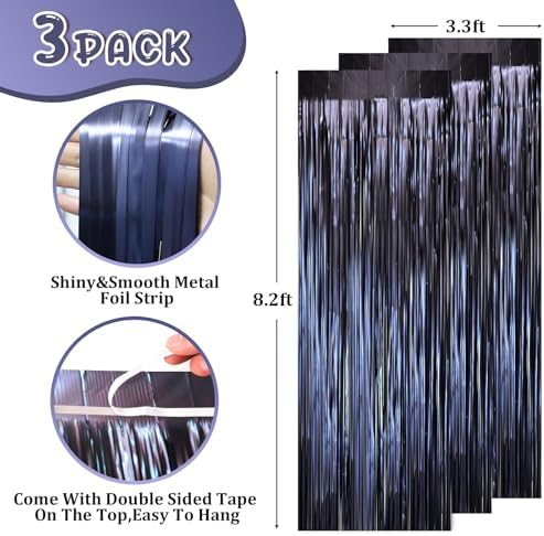 Dark Blue Foil Fringe Backdrop Curtains, 3.3x8.2ft, 3 Pack in 3.3 ft x 8.2 ft in 68 Matte Blue, alternate view 2
