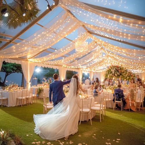 Dark Champagne Ceiling Drapes with Lights String for Weddings, 6 Panels 5ftx10ft Sheer Tulle Backdrop Photo, alternate view 2