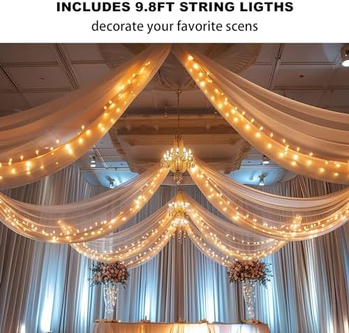 Dark Champagne Ceiling Drapes with Lights String for Weddings, 6 Panels 5ftx10ft Sheer Tulle Backdrop Photo, alternate view 3