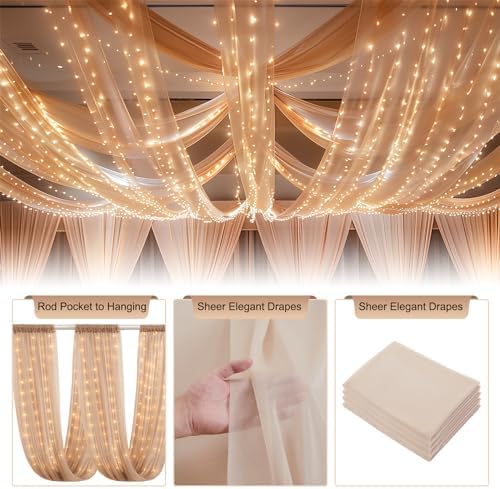 Dark Champagne Ceiling Drapes with Lights String for Weddings, 6 Panels 5ftx10ft Sheer Tulle Backdrop Photo, alternate view 4