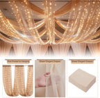 Dark Champagne Ceiling Drapes with Lights String for Weddings, 6 Panels 5ftx10ft Sheer Tulle Backdrop Photo, alternate view 4