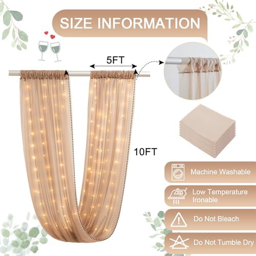 Dark Champagne Ceiling Drapes with Lights String for Weddings, 6 Panels 5ftx10ft Sheer Tulle Backdrop Photo, alternate view 5