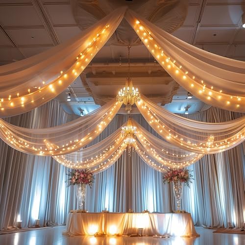 Dark Champagne Ceiling Drapes with Lights String for Weddings, 6 Panels 5ftx30ft Sheer Tulle Backdrop Photo, alternate view 3