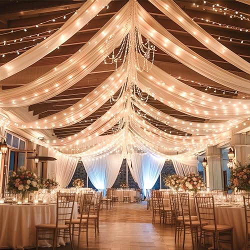 Dark Champagne Ceiling Drapes with Lights String for Weddings, 6 Panels 5ftx20ft Sheer Tulle Backdrop Photo, alternate view 3