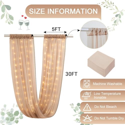 Dark Champagne Ceiling Drapes with Lights String for Weddings, 6 Panels 5ftx20ft Sheer Tulle Backdrop Photo, alternate view 5