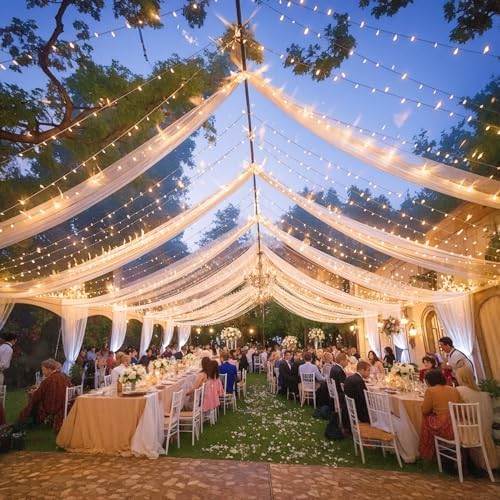 Dark Champagne Ceiling Drapes with Lights String for Weddings, 6 Panels 5ftx20ft Sheer Tulle Backdrop Photo, alternate view 6