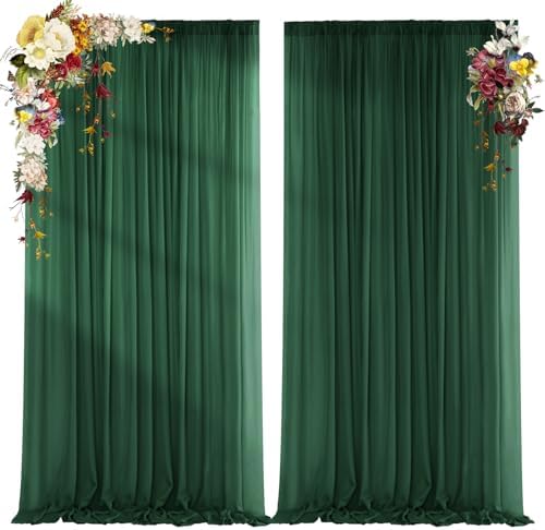 Dark Green Backdrop Curtains for Parties, Chiffon Photo Backdrop Drapes 2 Panels 5x8ft Sheer Outdoor Curtain for