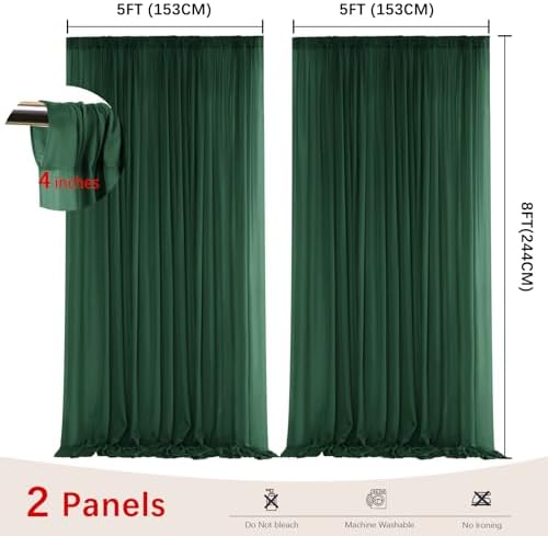 Dark Green Backdrop Curtains for Parties, Chiffon Photo Backdrop Drapes 2 Panels 5x8ft Sheer Outdoor Curtain for, alternate