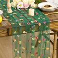 Dark Green Embroidery Daisy Gauze Table Runner 120 Inch 10FT