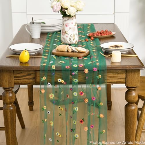 Dark Green Embroidery Daisy Gauze Table Runner 120 Inch 10FT, alternate view 2