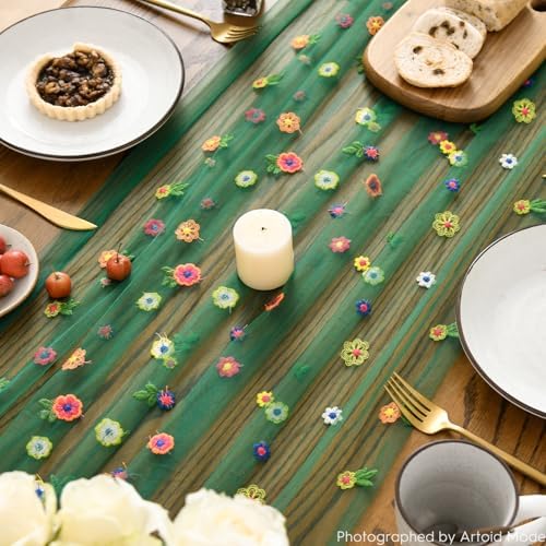 Dark Green Embroidery Daisy Gauze Table Runner 120 Inch 10FT, alternate view 3