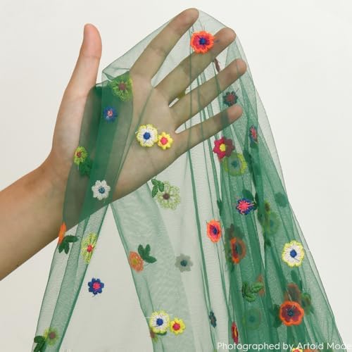 Dark Green Embroidery Daisy Gauze Table Runner 120 Inch 10FT, alternate view 6