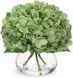 Dark Green Hydrangea Artificial Flowers with Glass Vase Silk Faux Flowers Arrangements in Vase with Faux Water
