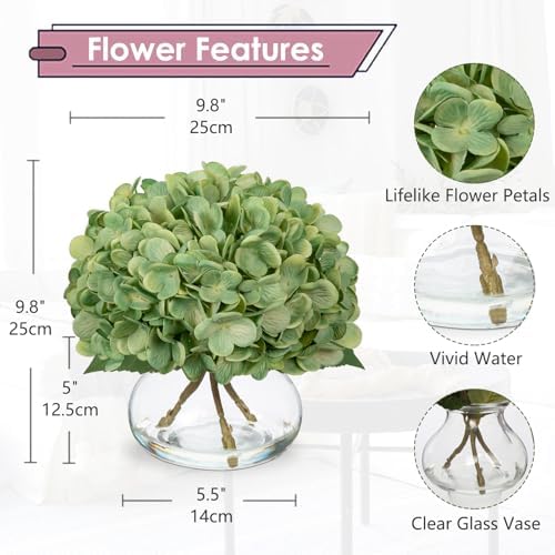 Dark Green Hydrangea Artificial Flowers with Glass Vase Silk Faux Flowers Arrangements in Vase with Faux Water, alternate