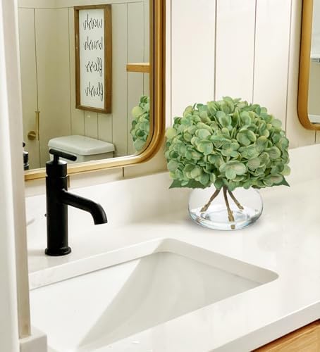 Dark Green Hydrangea Artificial Flowers with Glass Vase Silk Faux Flowers Arrangements in Vase with Faux Water, alternate